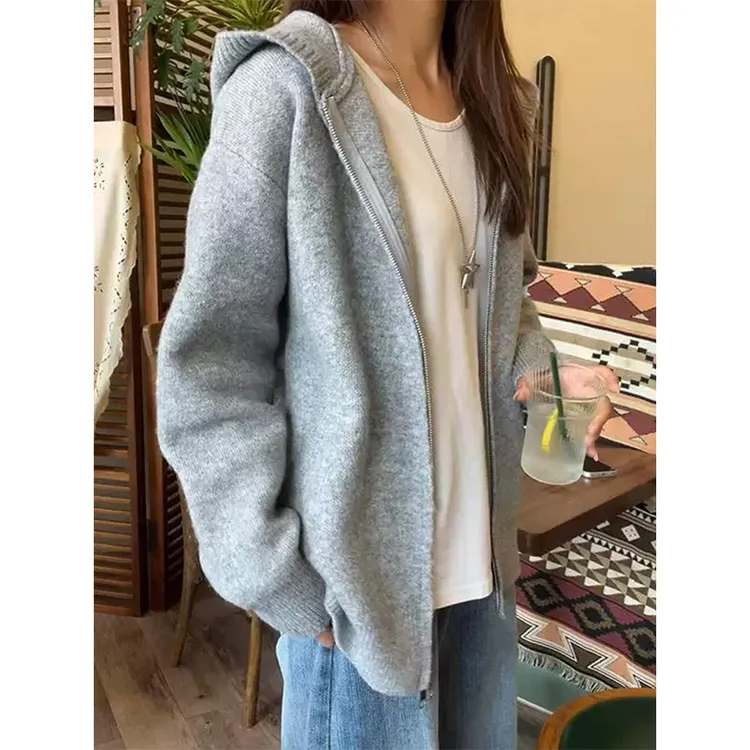 浅灰色连帽拉链针织开衫毛衣男款早秋季韩系慵懒风软糯针织衫外套