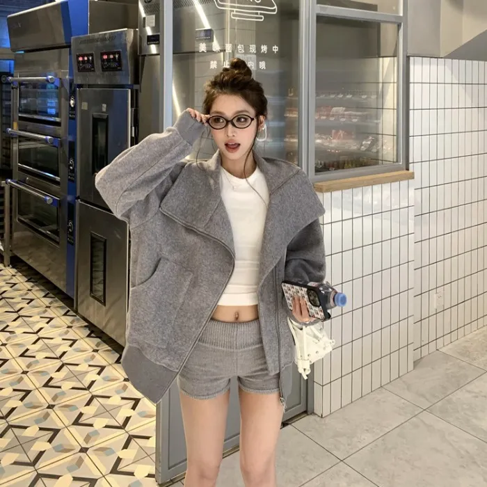 灰色拉链翻领开衫卫衣女秋季2025新款慵懒风宽松显瘦休闲上衣外套