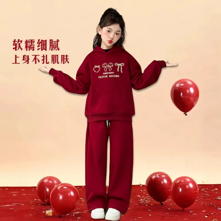 女童拜年服加绒套装2026新款大童女孩洋气时髦红色本命年新年衣服