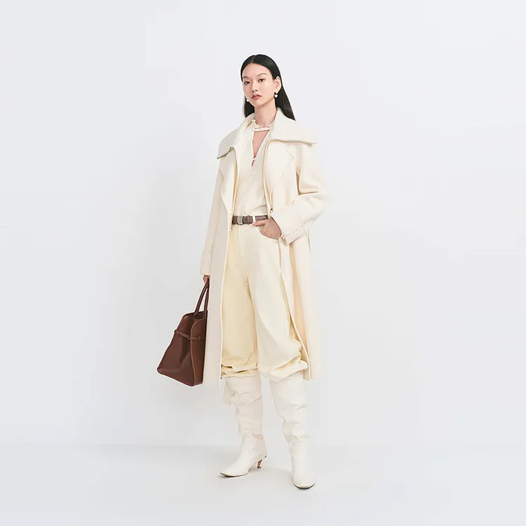 【明星同款】HPLY荷比俪冬毛织翻领拼接收腰系带大衣HZE44500263