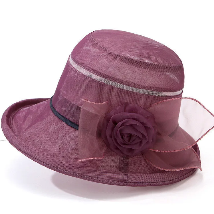 中老年帽子女简约盆帽新款透气欧根纱太阳帽妈妈遮阳帽防晒凉帽夏