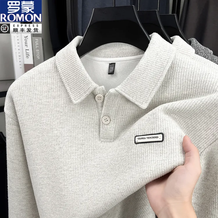罗蒙秋冬加绒加厚新款时尚Polo衫男保暖休闲长袖精致胸标翻领T恤