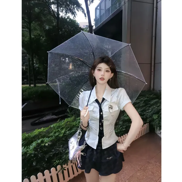 藤校辣妹 夏季新款纯欲学院风减龄温婉大方辣妹修身条纹上衣半裙