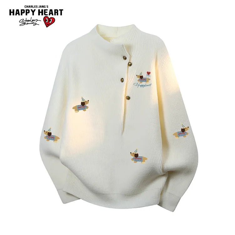 查尔斯桃心腊肠狗印花毛衣男女秋冬季宽松休闲长袖上衣情侣针织衫