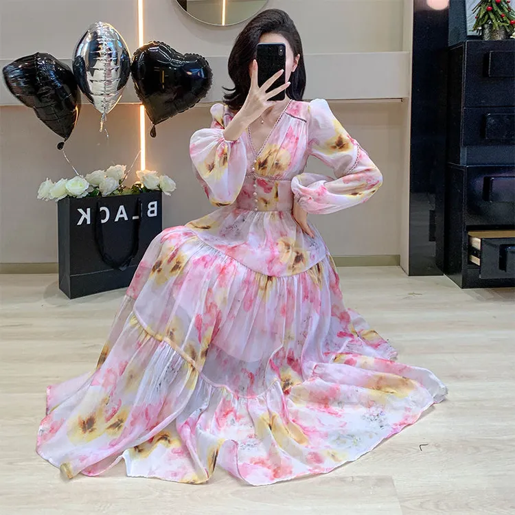 千语栀【森野花吟】心中若有桃花源~甜美温柔V领收腰显瘦花印连衣裙