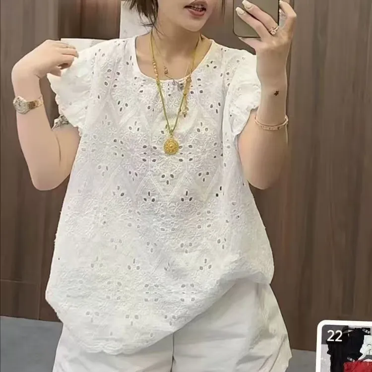 （大码女装）—0756夏季纯色提花刺绣镂空圆领短袖时尚显瘦遮肉百搭