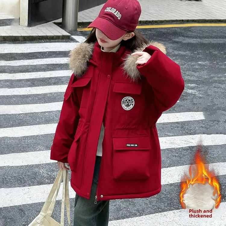 女童加绒派克服冬季2025新款毛领中长款中大儿童加厚红色年服外套