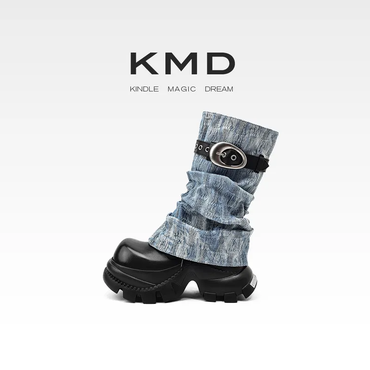 【时尚玩家】KMDSHOES2024可拆卸套筒褶皱堆堆靴女厚底牛仔增高短靴