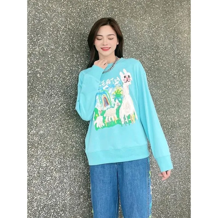 职业阿玛诗官2025秋冬款休闲宽松百搭卡通兔子字母印花圆领卫衣女