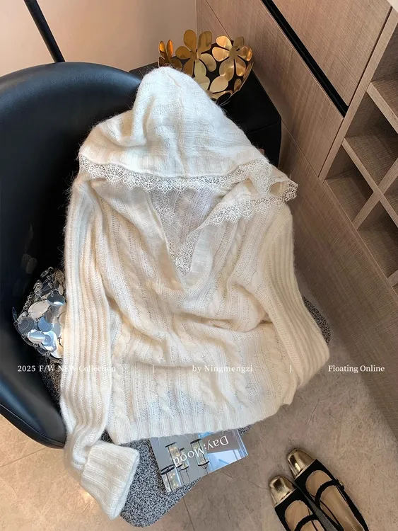 法式蕾丝拼接连帽针织衫女装2025早秋新款慵懒风气质温柔显瘦毛衣