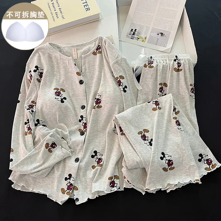 睡衣女款莫代尔棉带胸垫春秋季长袖卡通可爱新款小个子家居服套装