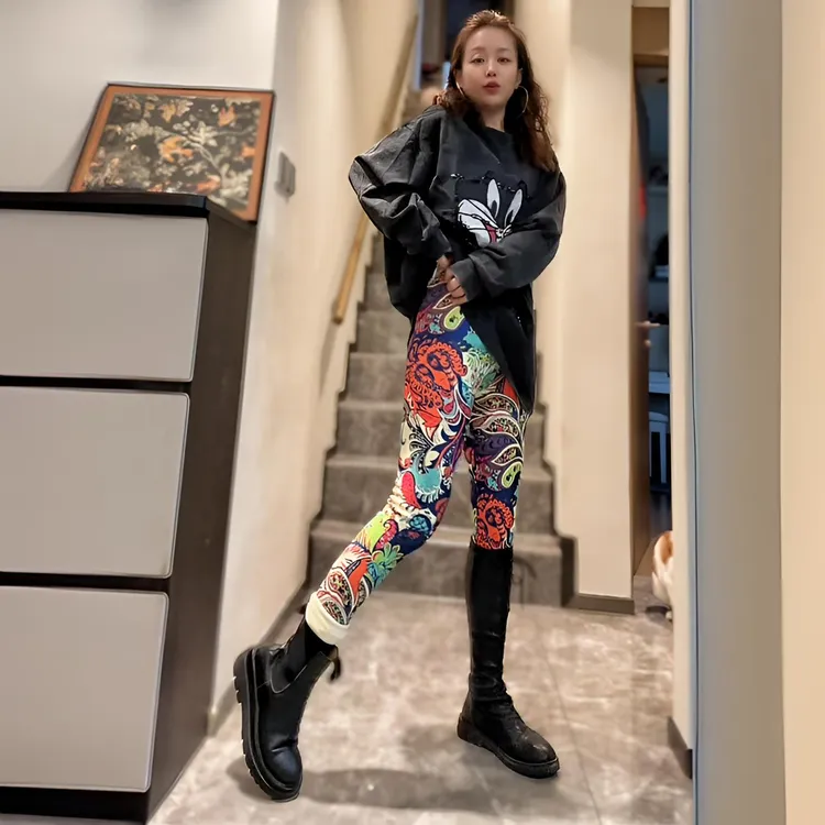 女士外穿高腰弹力印花波西米亚紧身打底裤时尚个性弹力加绒加厚裤