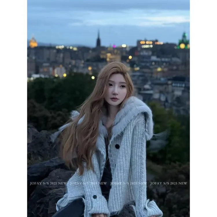 Jofay mv女主 七夕女生约会时尚穿搭针织宽松毛毛一体外套2137浪