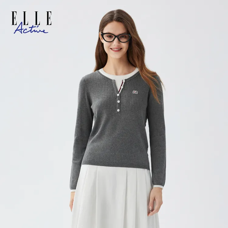 ELLE Active【亲肤丝光棉】假两件长袖针织衫女圆领上衣百搭老钱风