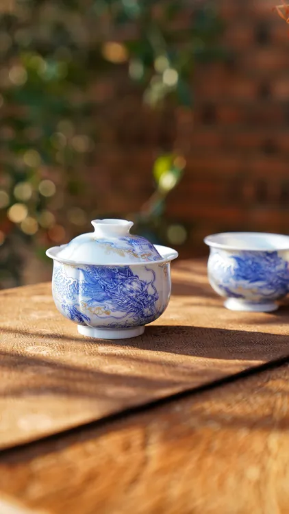 【念物山坊】青花釉里红鱼化龙布袋甜瓜盖碗茶具