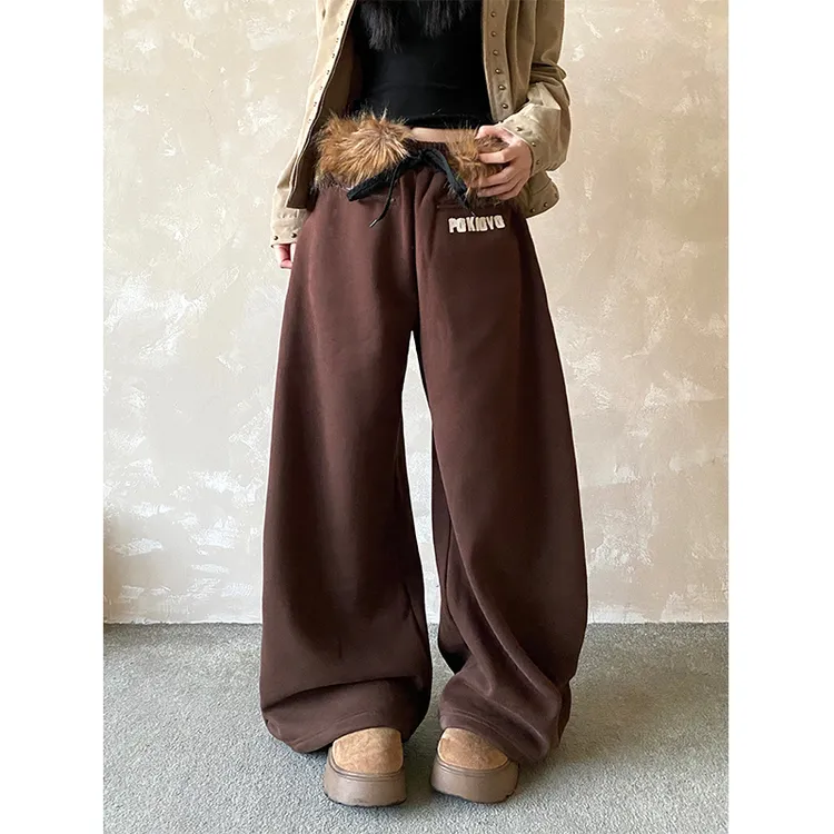 NowAndHere美式可拆卸毛领字母阔腿加绒卫裤女辣妹宽松休闲阔腿裤