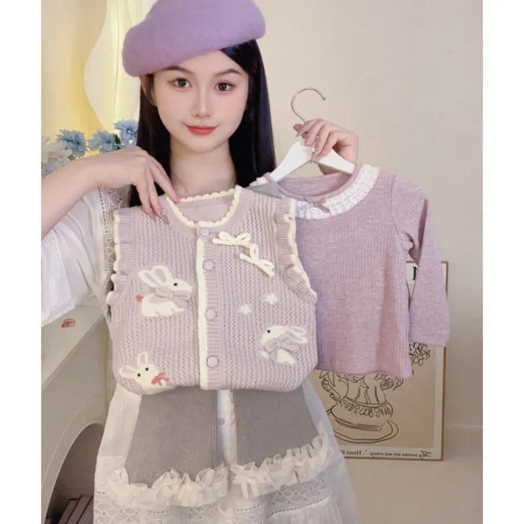 童装女童木耳边针织马甲婴儿毛衣背心儿童坎肩女宝宝三件套