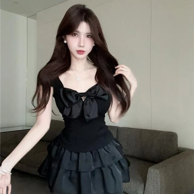 2025新款大蝴蝶结挖空质感收腰短袖+高腰蓬蓬裙辣妹夏季无袖
