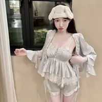 「软缎甜睡服」吊带短裤带胸垫可拆卸蕾丝性感冰丝睡衣四件套