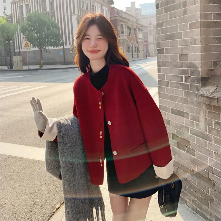 安可拉红小香风毛呢外套女秋冬2025新款高级感小个子韩系大衣短款