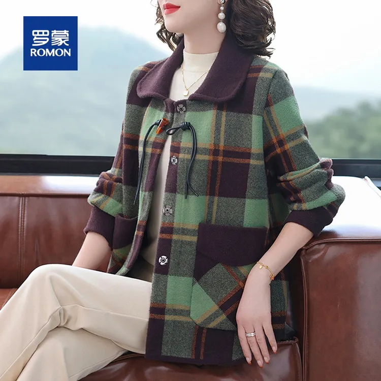 罗蒙秋冬款妈妈装格子毛呢外套针织开衫女新款外穿上衣中老年女装