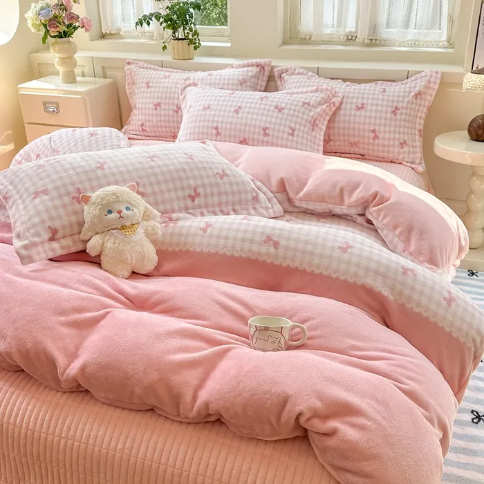 A类加厚牛奶绒床盖四件套双面绒保暖被套免打理防滑床盖床上用品