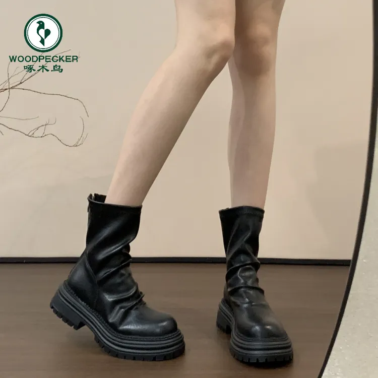 啄木鸟短靴女靴2025新款秋季高级感小个子增高显瘦厚底弹力瘦瘦靴