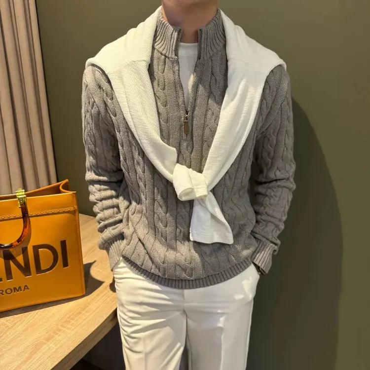 WUSHE物社【100%棉】男士秋冬老钱风半拉链保暖毛衣时尚纽花针织衫