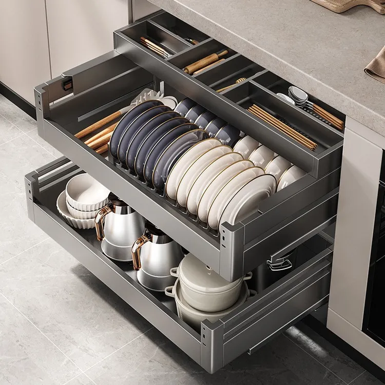 304不锈钢铝合金厨房新款大拉篮橱柜抽屉式碗碟拉篮全抽拉篮