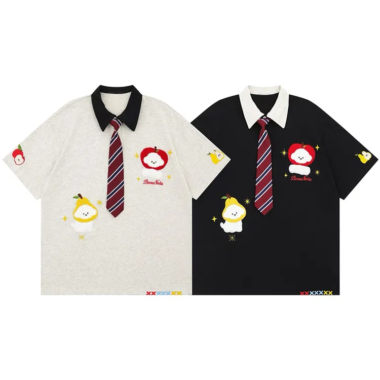 趣味卡通水果小狗刺绣Polo领短袖T恤女夏季学院风情侣宽松ins上衣