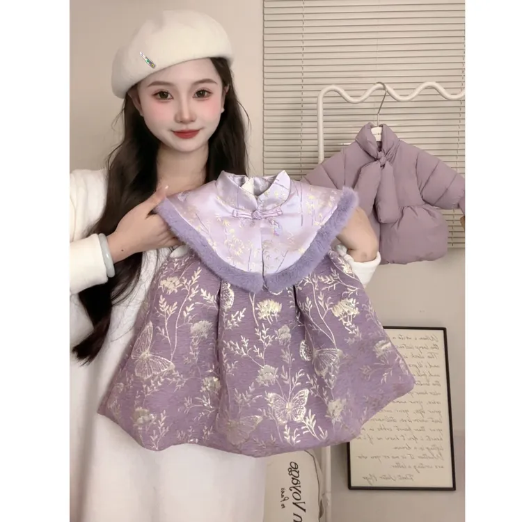 女童新中式汉服旗袍连衣裙秋冬加绒女宝宝背心裙拜年服公主礼服