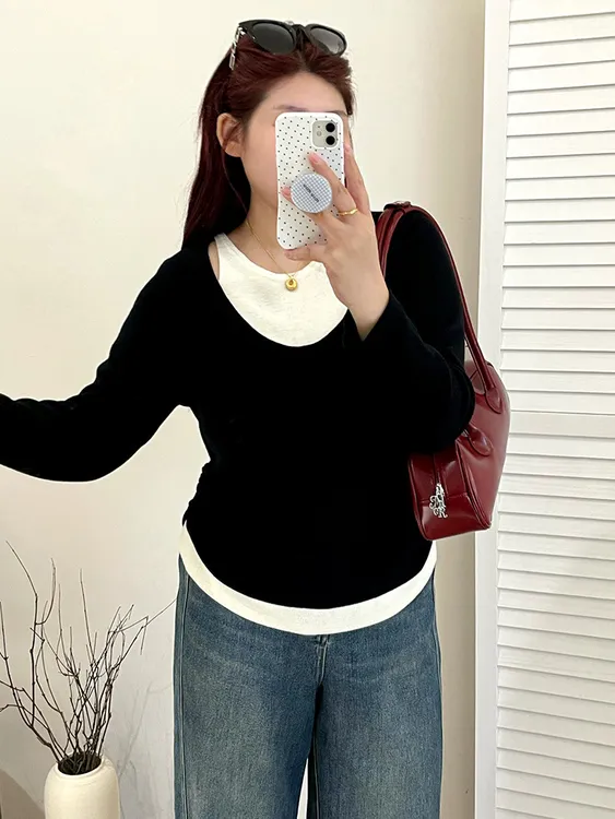 大码女装设计感撞色假两件上衣2025秋胖mm休闲气质针织衫女秋季