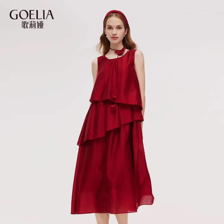 【福利款】歌莉娅夏季圆领无袖连衣裙+领带发带红色显瘦1E4R4K19C