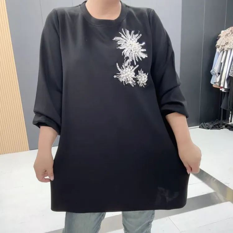 秋季长袖圆领大码百搭休闲长款圆领重工加大百搭显瘦大衫-99146