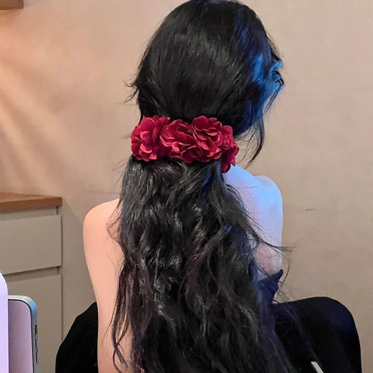 易梦玲同款海边美人鱼造型红色玫瑰花朵香蕉夹后脑勺马尾发夹头饰