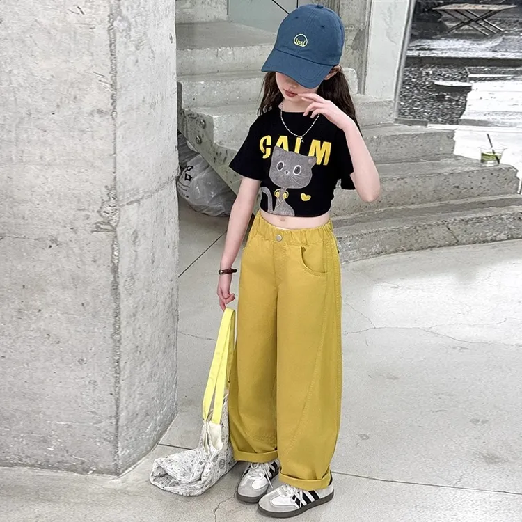 女童夏季套装洋气2025新款女大童短袖两件套中大童女孩夏装阔腿裤