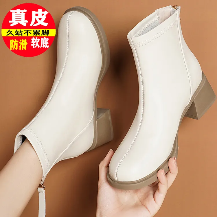女白色法式靴子女真皮高跟短靴女百搭马丁靴秋冬加绒厚底舒适女靴
