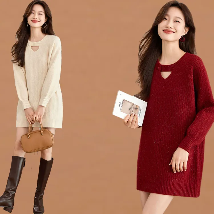 气质中长款毛衣女秋冬遮屁股2025新款宽松加厚显瘦亮丝打底针织衫