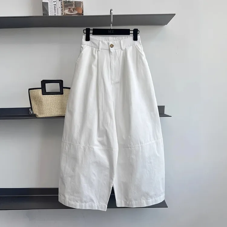 2025早秋新款韩系高级松紧腰压皱休闲弯刀裤宽松显瘦阔腿九分裤女