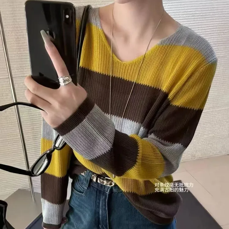 毛针织衫V领针织衫女装长袖秋季毛衣上衣条纹女针织