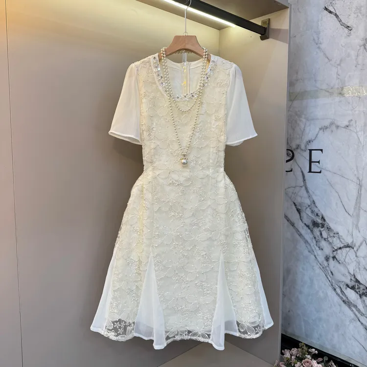 2025欧货韩系重工亮片圆领立体浮雕花朵拼接雪纺鱼尾连衣裙2527