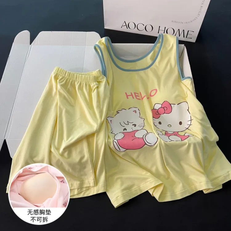 可外穿韩版睡衣女夏季背心短裤大码凉感带胸垫家居服夏天猫咪套装