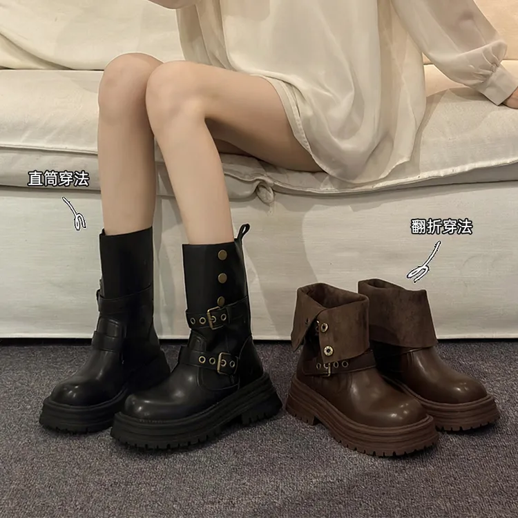 厚底增高棕色英伦风马丁靴子女2025新款夏秋翻折两穿中筒时尚短靴