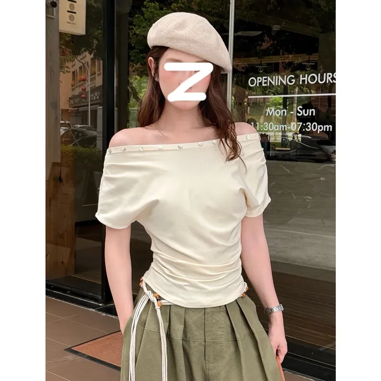 【运补6-8米】夏季三穿短袖修身显瘦斜肩T恤女百搭小众设计感拼接