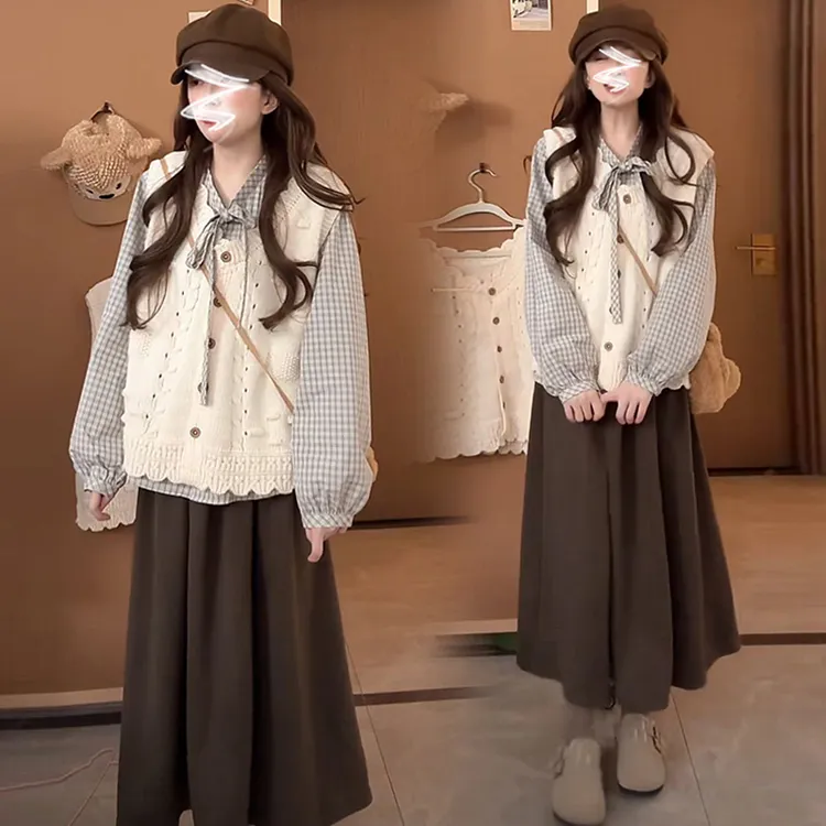 孕妇秋装套装2025新款针织马甲三件套潮妈孕期穿搭秋季宽松小个子