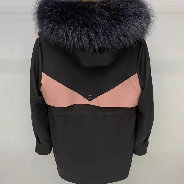 派克服女款修身显瘦时尚真毛拼貂内胆可拆卸毛领加厚保暖冬季百搭
