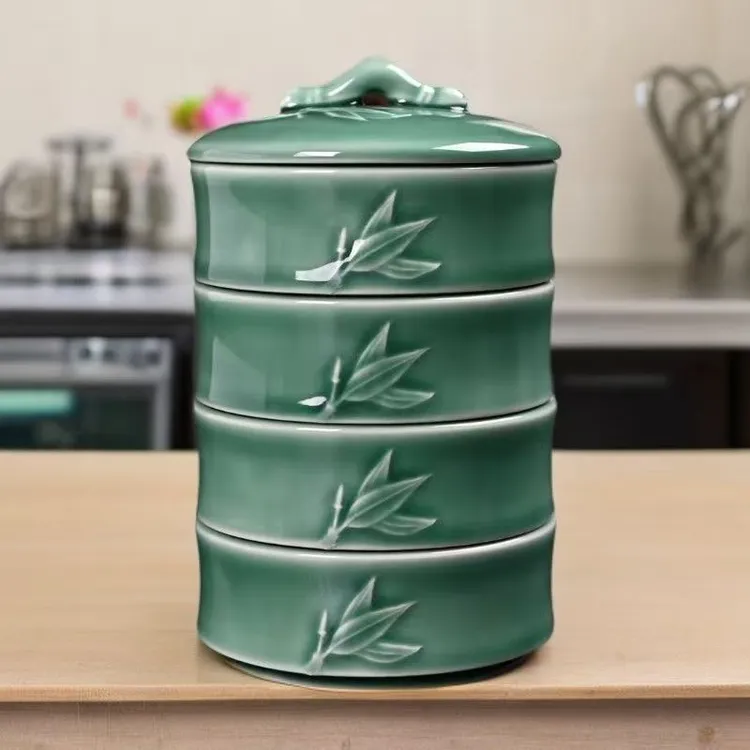 清仓甩货青瓷带盖收纳竹节高颜值大号多层点心盒果篮桌面收纳国风