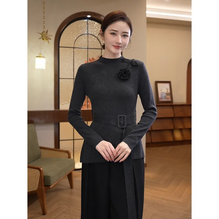 2025秋冬新款【8450】含绵羊毛时尚配腰带显瘦灰色收腰修身针织上衣