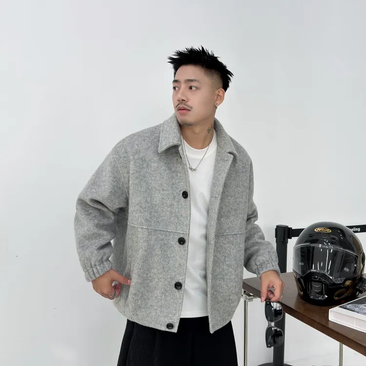 实体店翻领加绒加厚羊毛呢男士宽松复古百搭夹克休闲秋冬外套652