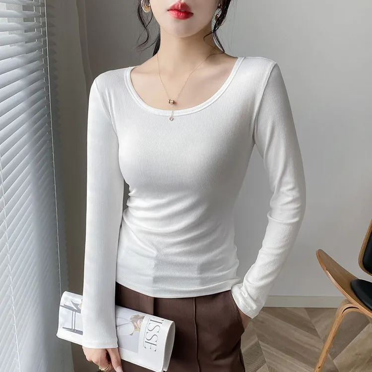 春夏秋季螺纹长袖打底衫女士修身百搭显瘦辣妹纯色上衣薄款紧身